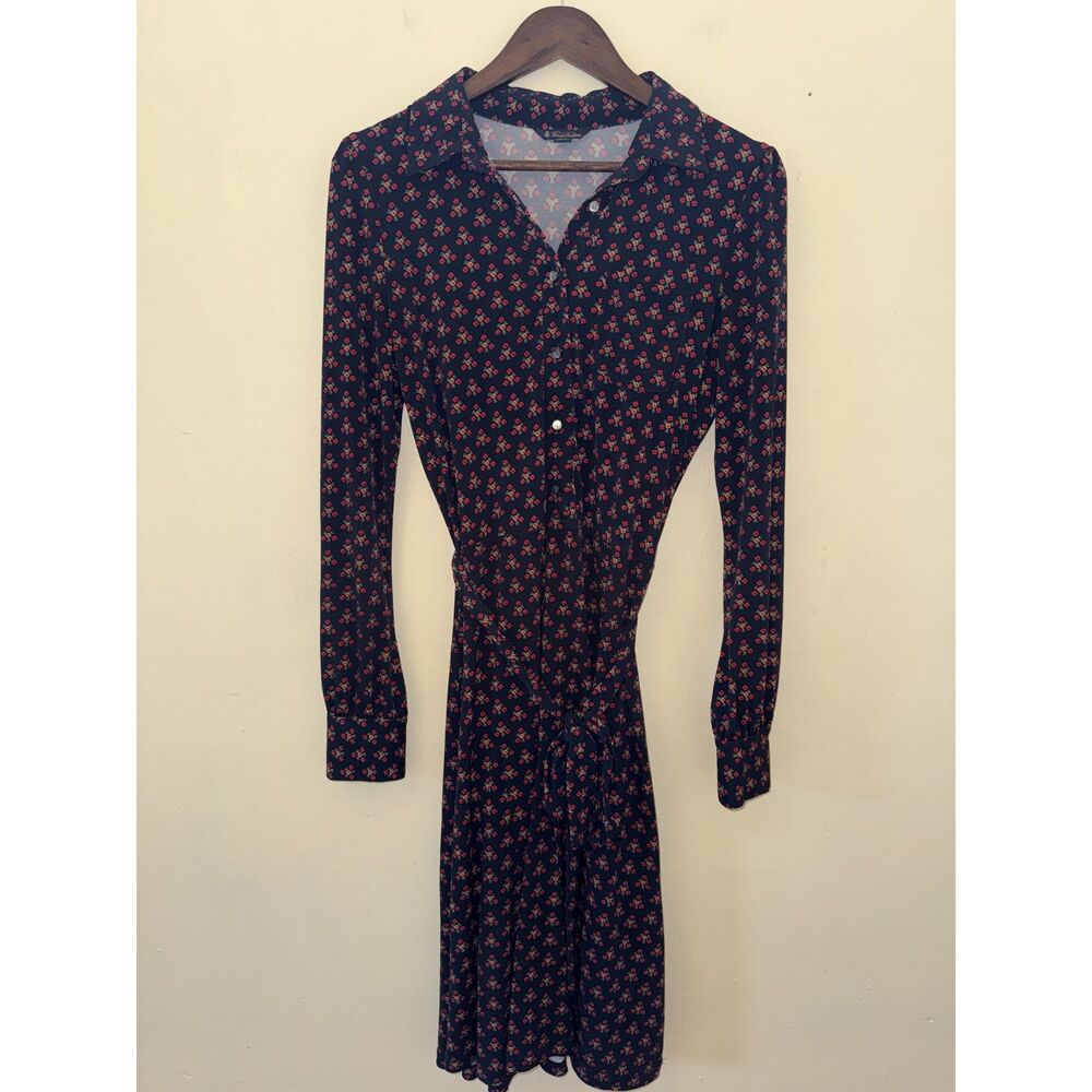 Brooks Brothers Floral Long Sleeve Belted Shirt Dress Medium Navy Red Midi